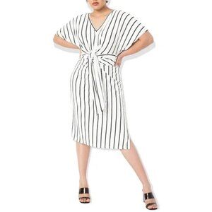 Eloquii Plus Size Black & White Striped Wrap Around V-Neck Midi Dress